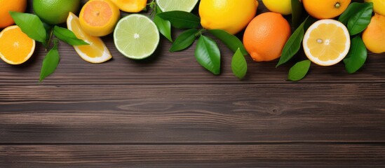 Text space on wooden table for fresh juicy citrus fruits with green leaves