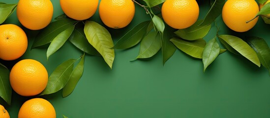 Oranges and leaves on colored background