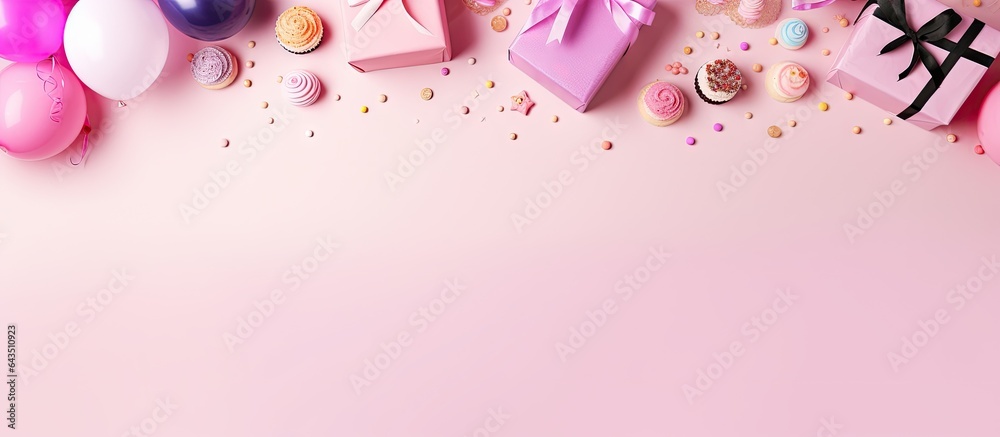 Poster colorful birthday party tools with copy space arranged on a pink background for a greeting card
