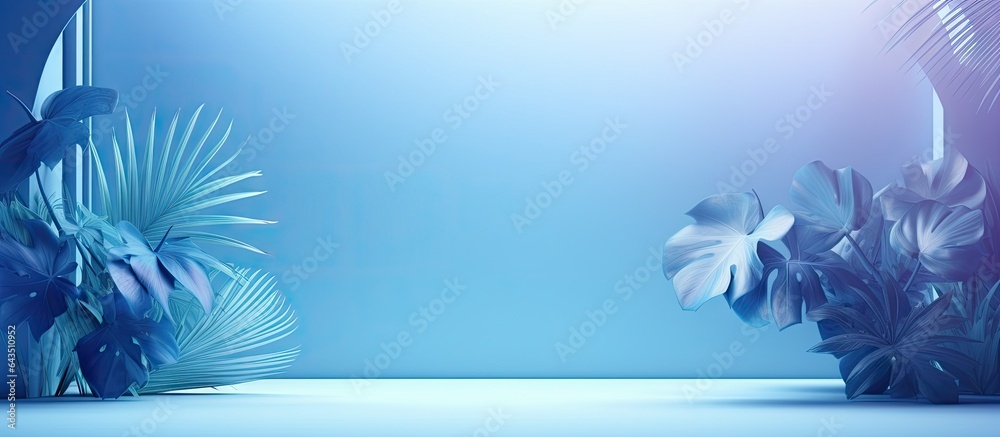 Aufkleber Studio background with blue color gradient empty room with window shadows flowers and palm leaves 3D room with copy space for product presentation