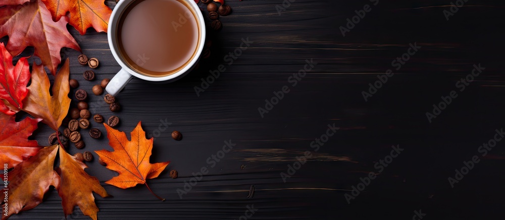 Aufkleber Autumn atmosphere with coffee and colorful leaves on dark background Top view with space for text