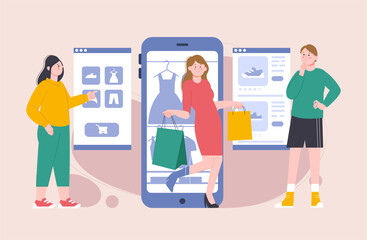 Teenagers shopping online with smartphone. Happy customers, people using phone for smart buy. Girl on digital sale, splendid cartoon vector shoppers