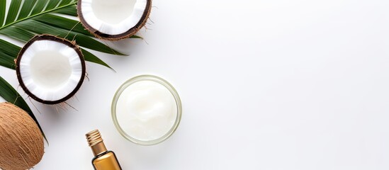 Fototapeta na wymiar Coconut oil beauty products for skin and hair Oil cream coconut halves on shelf White background top view Copy space