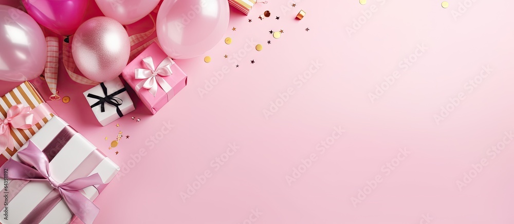 Poster colorful birthday party tools with copy space arranged on a pink background for a greeting card