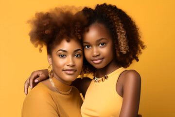 Portrait of beautiful african american mother with cute little daughter, smiling and looking to camera with isolated yellow background