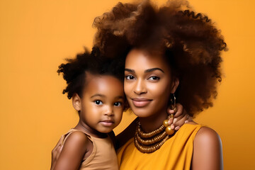 Portrait of beautiful african american mother with cute little daughter, smiling and looking to camera with isolated yellow background