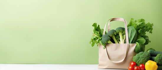 Fresh green bag filled with baguette and salad vegetables on white background Concept of food shopping color fabric and texture