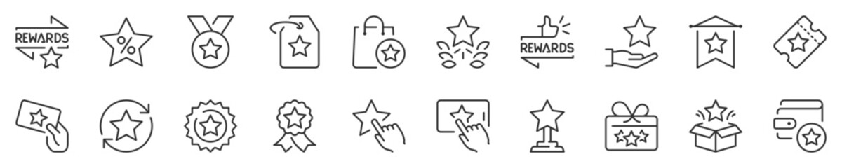 Rewards programs, thin line icon set. Symbol collection in transparent background. Editable vector stroke. 512x512 Pixel Perfect.