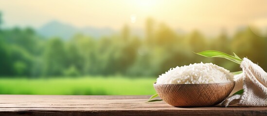Jasmine Rice in Wooden bowl on vintage wooden desk table with green rice field and sunlight in background