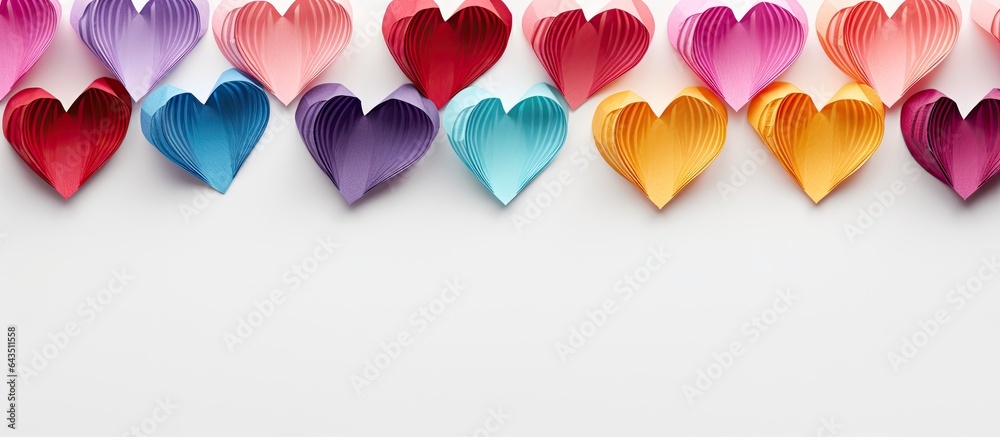 Poster abstract background with multicolored velvet paper hearts on white surface accentuated by shadow and