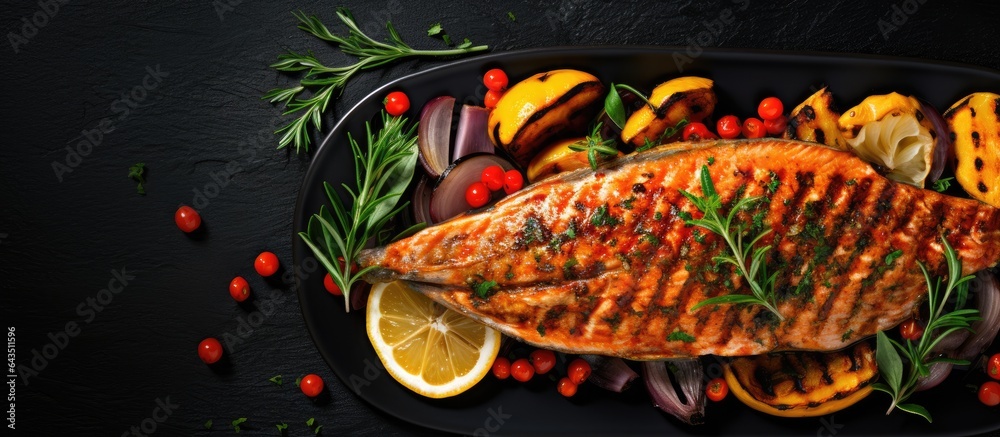 Poster grilled salmon with vegetables seen from above empty area