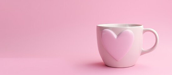 Fototapeta na wymiar Valentine s Day themed picture of heart shaped object in a white mug on a pink background
