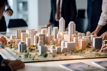 Close up of architectural model of a modern buildings, group of an architect gathered around and discussing about an architecture model together
