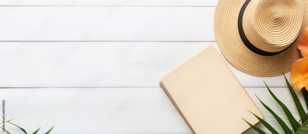 Aufkleber Beach accessories on background empty writing book with space for text