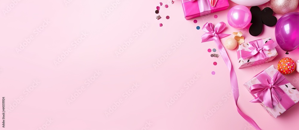 Poster colorful birthday party tools with copy space arranged on a pink background for a greeting card