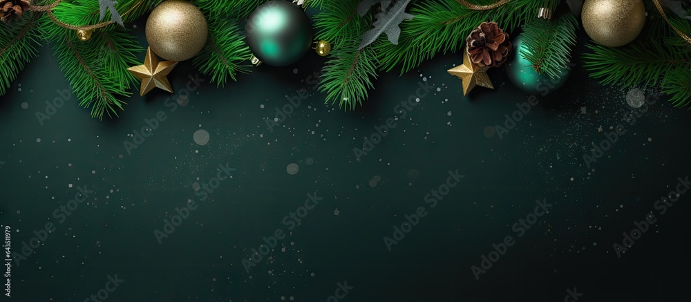 Poster decorated tree with empty area surrounded by green christmas items