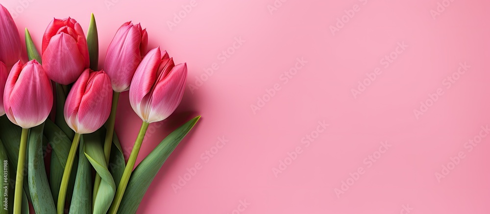 Poster Red tulips on a pink background seen from above with empty space