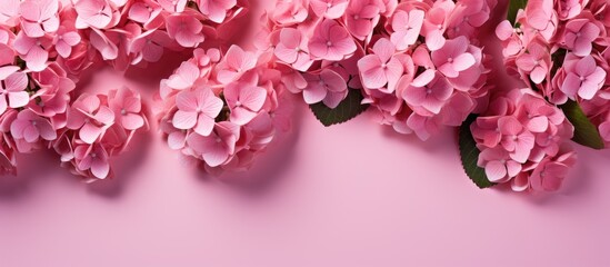 Obraz premium Pink hydrangea flowers with green leaves on pink background top view flat lay copy space Floral card for holidays and special occasions