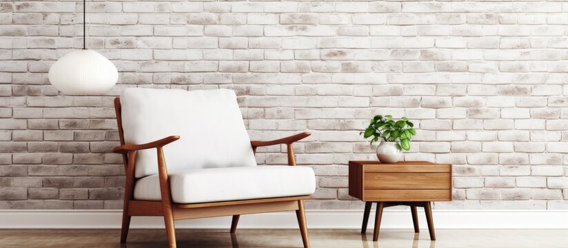 Comfortable armchair beside white brick wall in stylish room