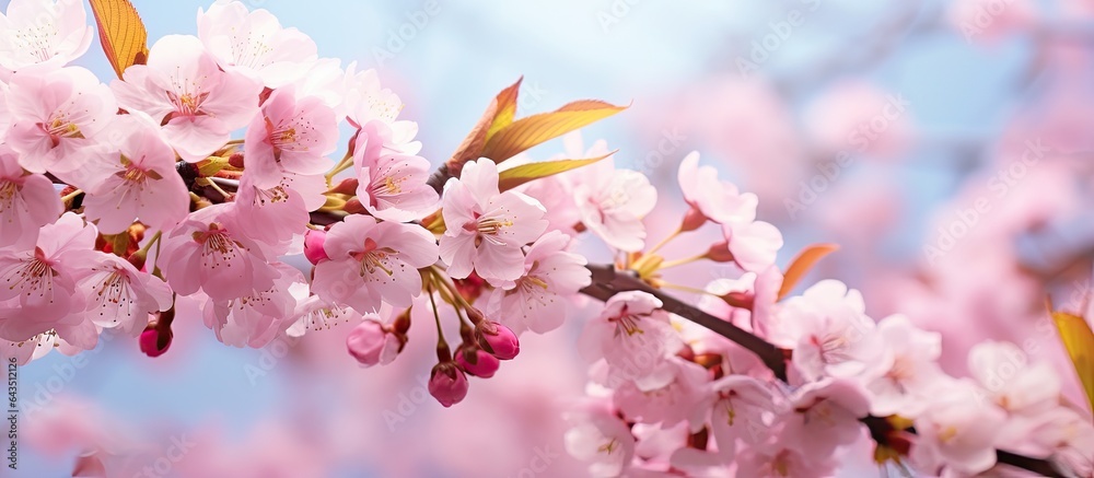 Fototapete Cherry and plum trees bloom in spring with a selective focus and copy space in the background