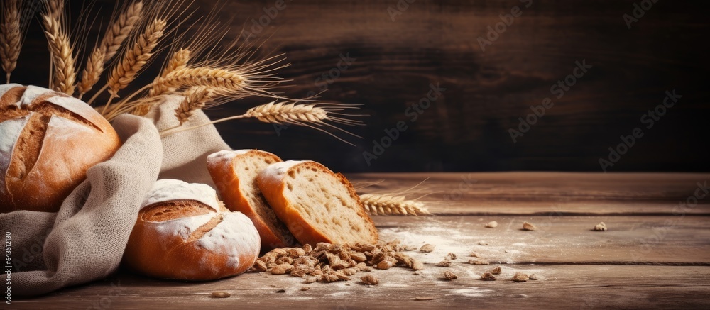 Poster Bread placed on table made of wood in background