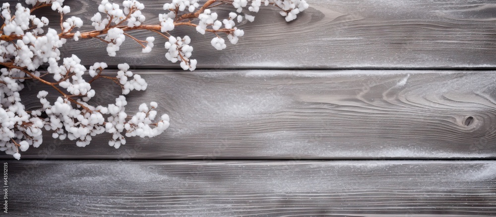 Poster Top view of a snowy branch on a Christmas themed wooden background with space for text