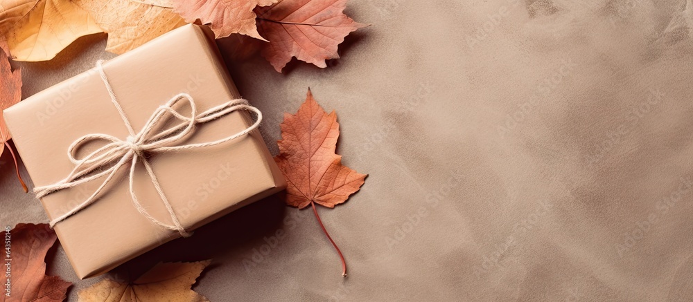 Poster autumn themed composition with wrapped gift rustic background fall concept flat lay copy space