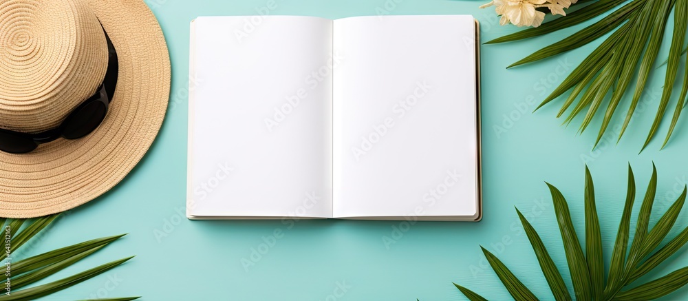 Aufkleber Beach accessories on background empty writing book with space for text