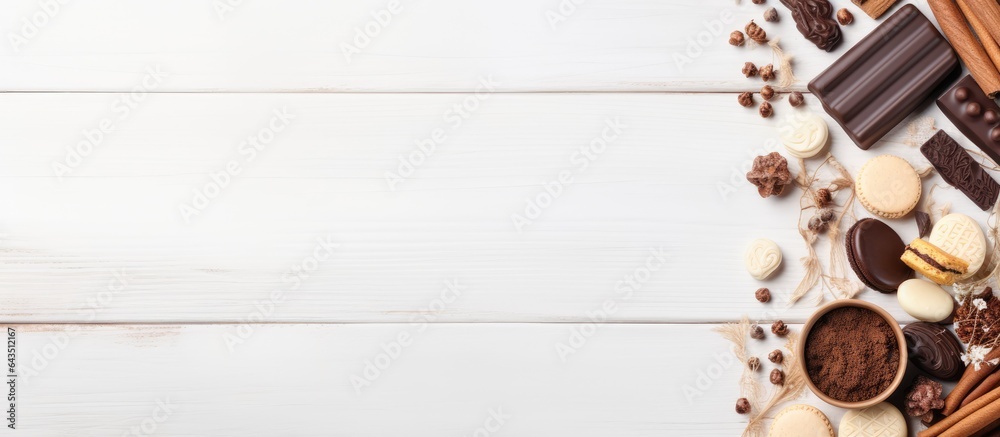 Leinwandbilder selection of chocolate with nuts cookies and cocoa white wooden background aerial view space for tex