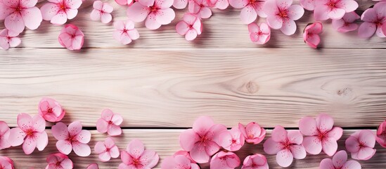 Wooden hearts on a cherry blossom background for Valentine s Day