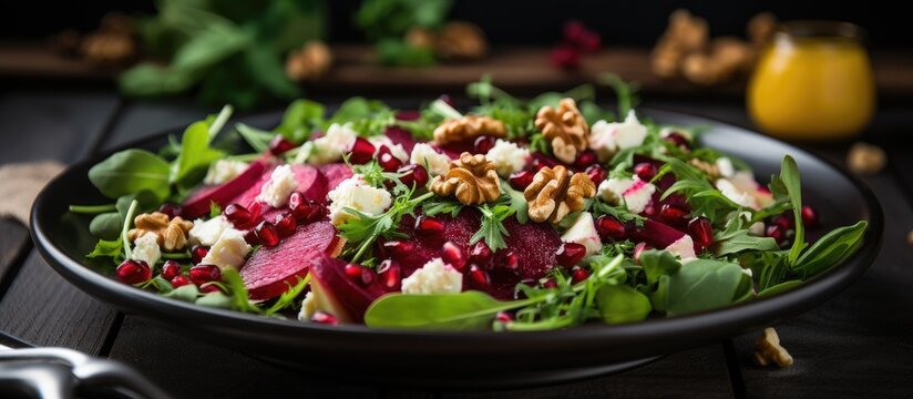 Arugula feta walnuts and pomegranate in a beet salad
