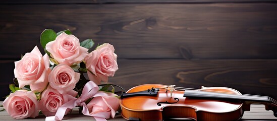 A bouquet of five pink roses positioned on a white background accompanied by a violin and bow