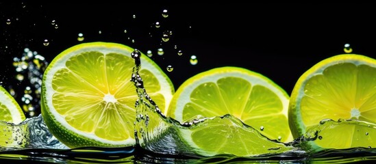 Lime and lemon slices in water on black background with copy space Fruit vegan food and colors