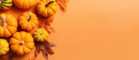 Autumn themed flat lay photograph of small orange pumpkins on a colored table surface representing Fall Halloween and Thanksgiving Copy space available