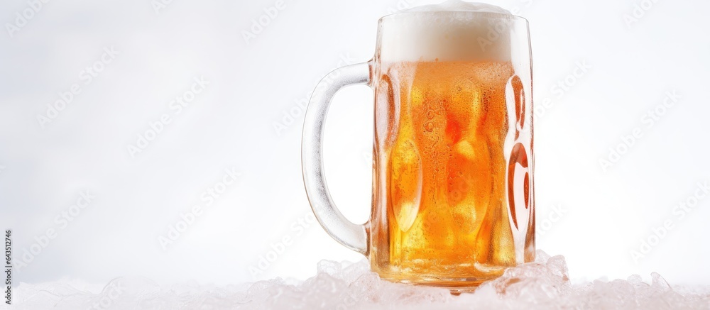 Poster Close up image of beer glass with foam on white background and empty area for text