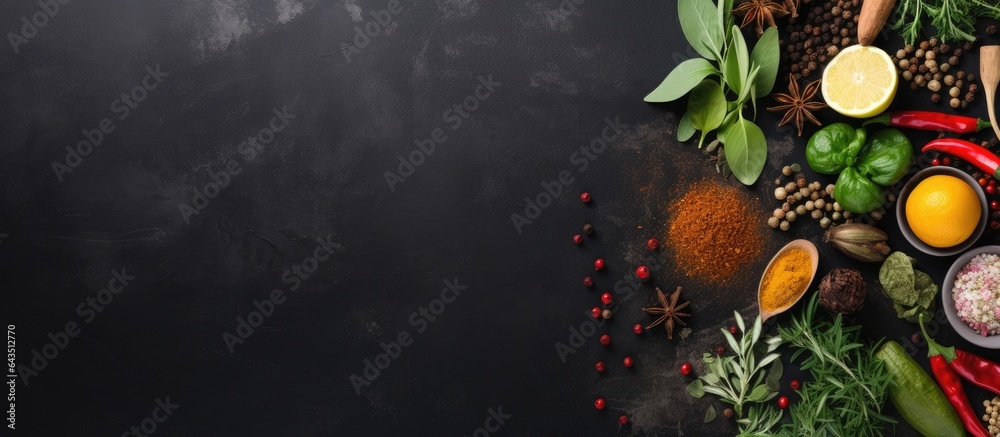 Poster assorted cooking ingredients on black slate table top view copy space