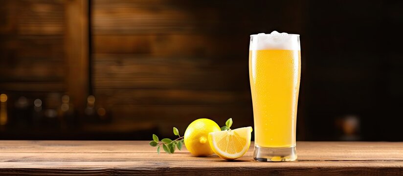 Alcoholic lemonade served in a pint glass on a wooden table