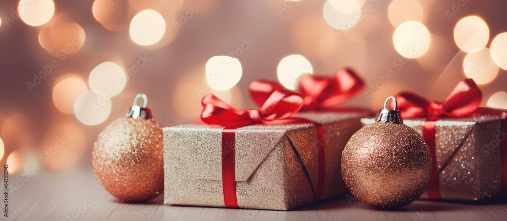 Poster close up of christmas background with red ribbons and shiny tree balls