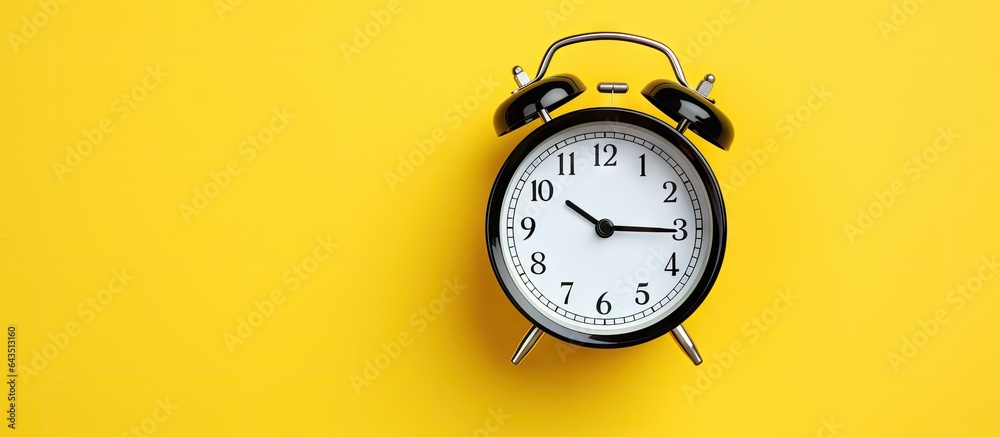 Poster old fashioned yellow alarm clock with black and white face on yellow background top view blank space