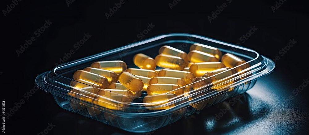 Poster omega capsules and medical tablets arranged on a dark table blank space for text