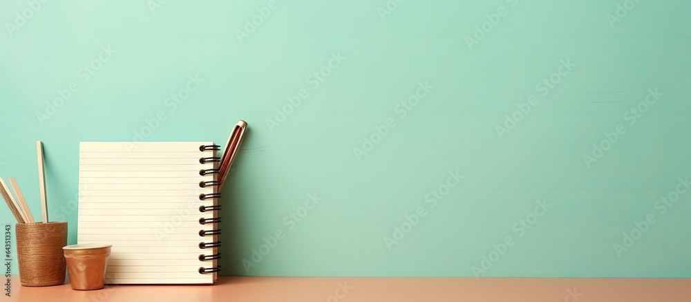 Poster brown desk with open diary notebook memo pad and pencil holder mint wall background serves as study 