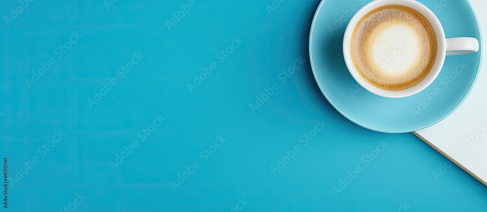 Poster flat lay view of a contemporary office table with a blue color scheme and a cup of coffee allowing f
