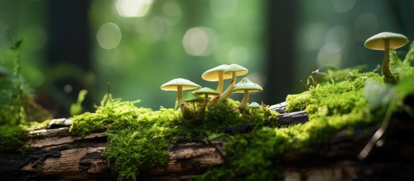 Green mushrooms on a tree stump in the woods