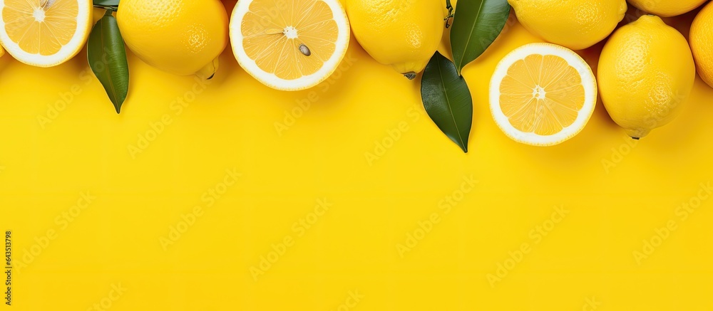 Leinwandbilder top view of a lemon on a yellow background with copy space