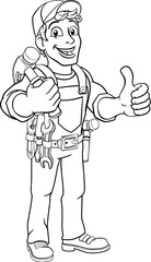 A handyman carpenter or builder cartoon man holding a hammer. Construction maintenance worker or DIY character mascot. Giving a thumbs up.