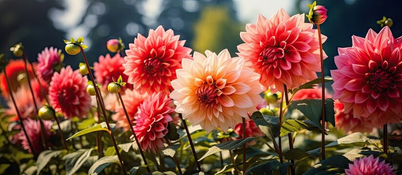 Red dahlia flowers on green leaves petals in pink and white