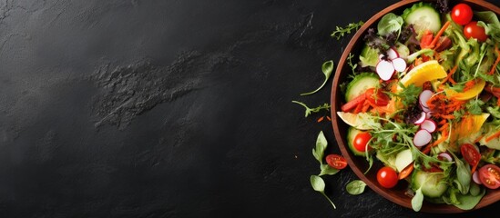 Weight loss salad on wooden and black stone background Plenty of space