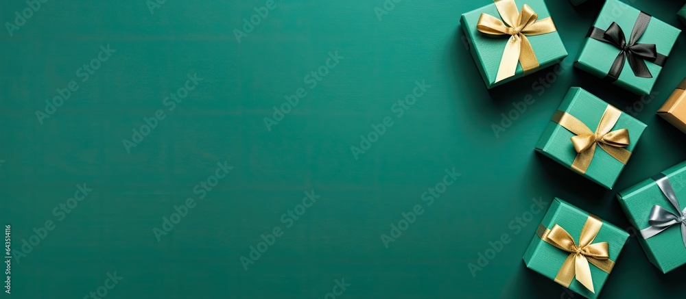 Poster Christmas card with red gift boxes on green background arranged in a flat lay top view and text space