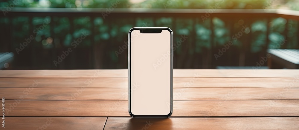 Poster smartphone placed on laptop keyboard with space on wooden table