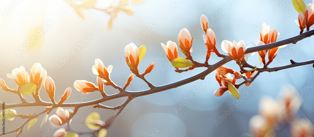 Poster selective focus and copy space background with tree buds opening in early spring